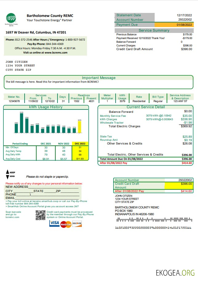 USA Indiana Bartholomew County REMC utility bill template in Word and PDF format